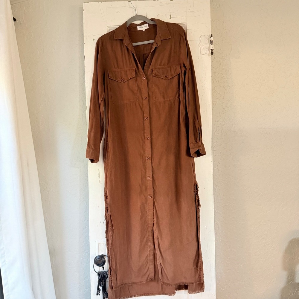 Bella Dahl Brown Tencel Maxi Shirt Dress Long Sleeve Frayed Hem XS